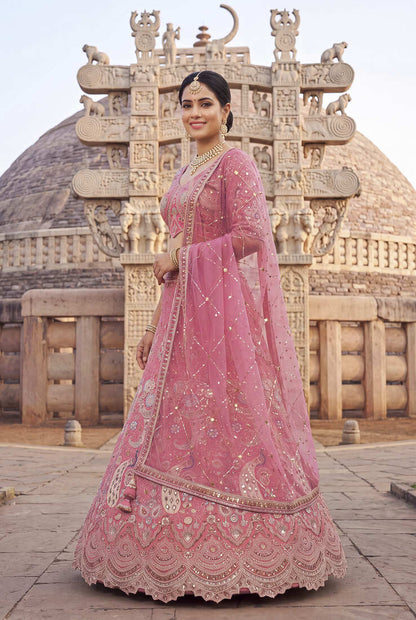 Stunning Pink Embroidered Lehenga Choli with Heavy Zari Work and Sequins – Perfect for Weddings & Festive Occasions