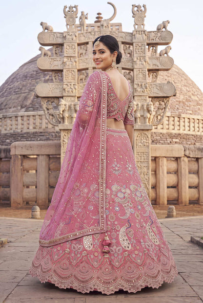 Stunning Pink Embroidered Lehenga Choli with Heavy Zari Work and Sequins – Perfect for Weddings & Festive Occasions