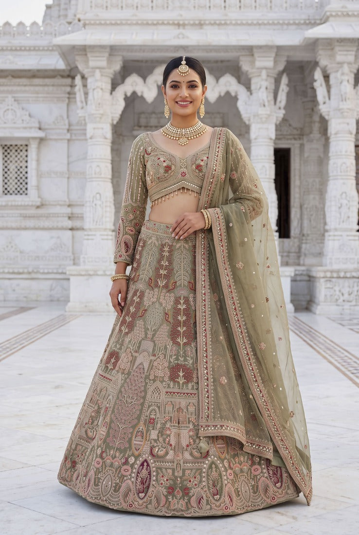 Sage Green Embroidered Designer Lehenga Choli Set for Wedding & Festive Wear