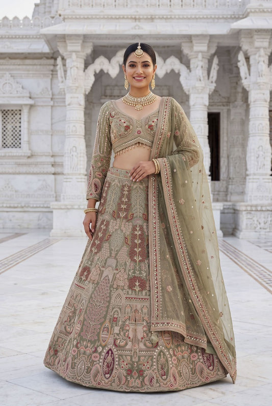 Sage Green Embroidered Designer Lehenga Choli Set for Wedding & Festive Wear