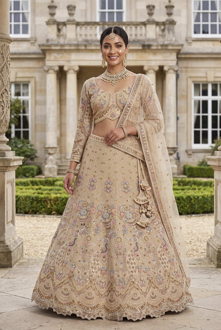 Light skin colour Beige Embroidered Bridal Lehenga Choli with Pastel Floral Motifs and Detailed Zardosi Work
