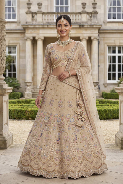 Light skin colour Beige Embroidered Bridal Lehenga Choli with Pastel Floral Motifs and Detailed Zardosi Work