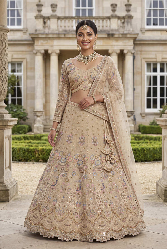 Light skin colour Beige Embroidered Bridal Lehenga Choli with Pastel Floral Motifs and Detailed Zardosi Work