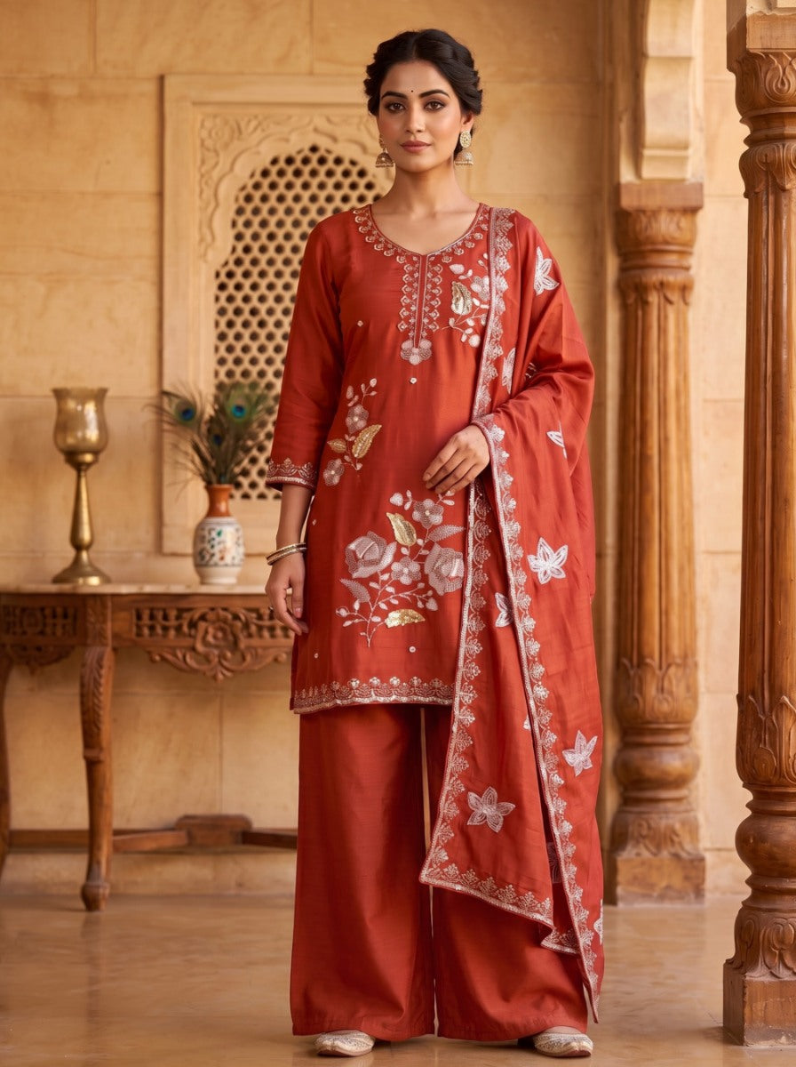 Pure Silk Kurta with Plazo & Dupatta | Woomenza Indian Outfit