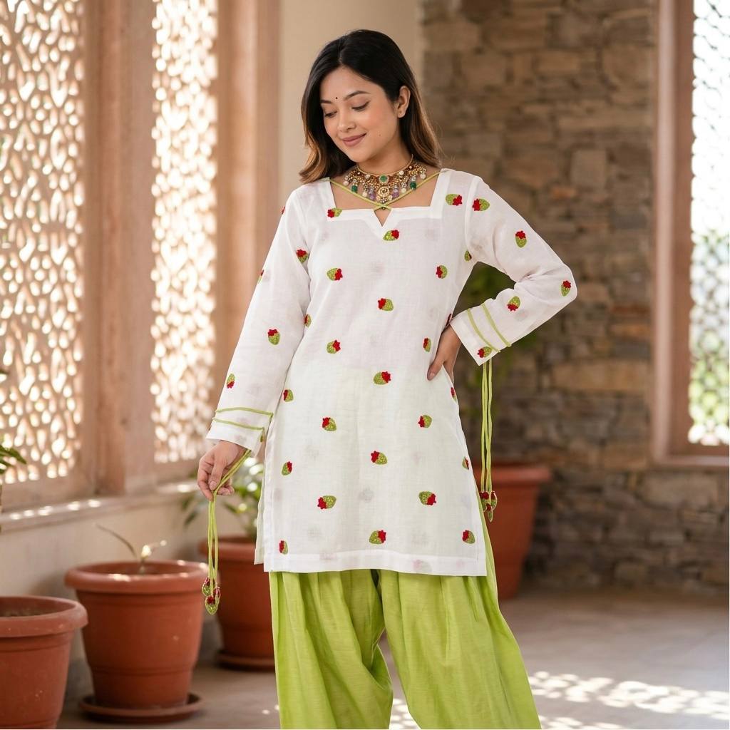 Chic White and Green Ethnic Attire