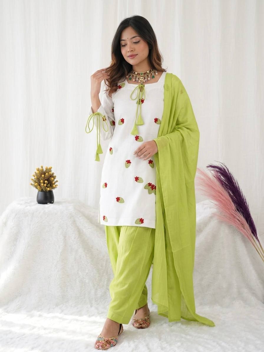 Chic White and Green Ethnic Attire