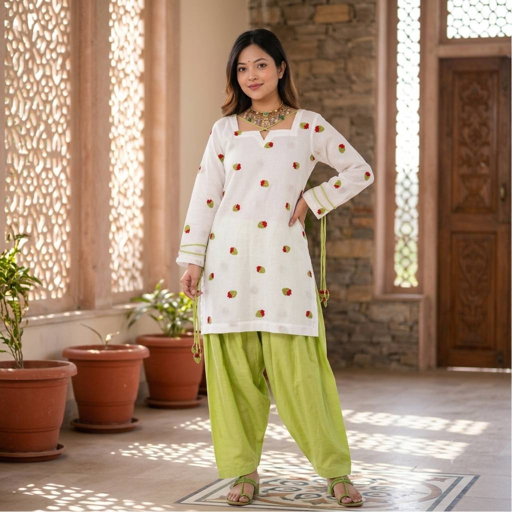 Chic White and Green Ethnic Attire