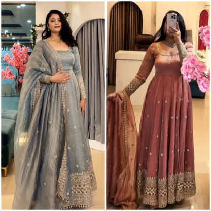Embroidered Anarkali gown with matching dupatta.