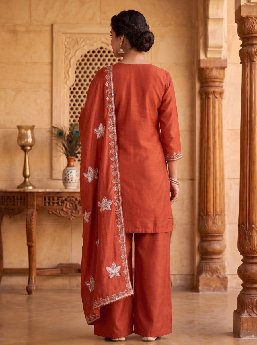Pure Silk Kurta with Plazo & Dupatta | Woomenza Indian Outfit