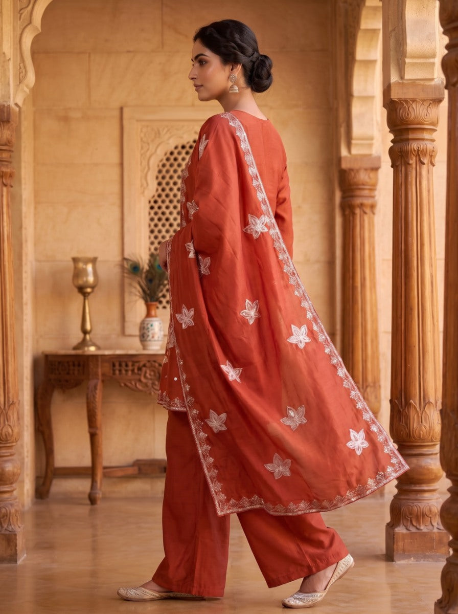 Pure Silk Kurta with Plazo & Dupatta | Woomenza Indian Outfit