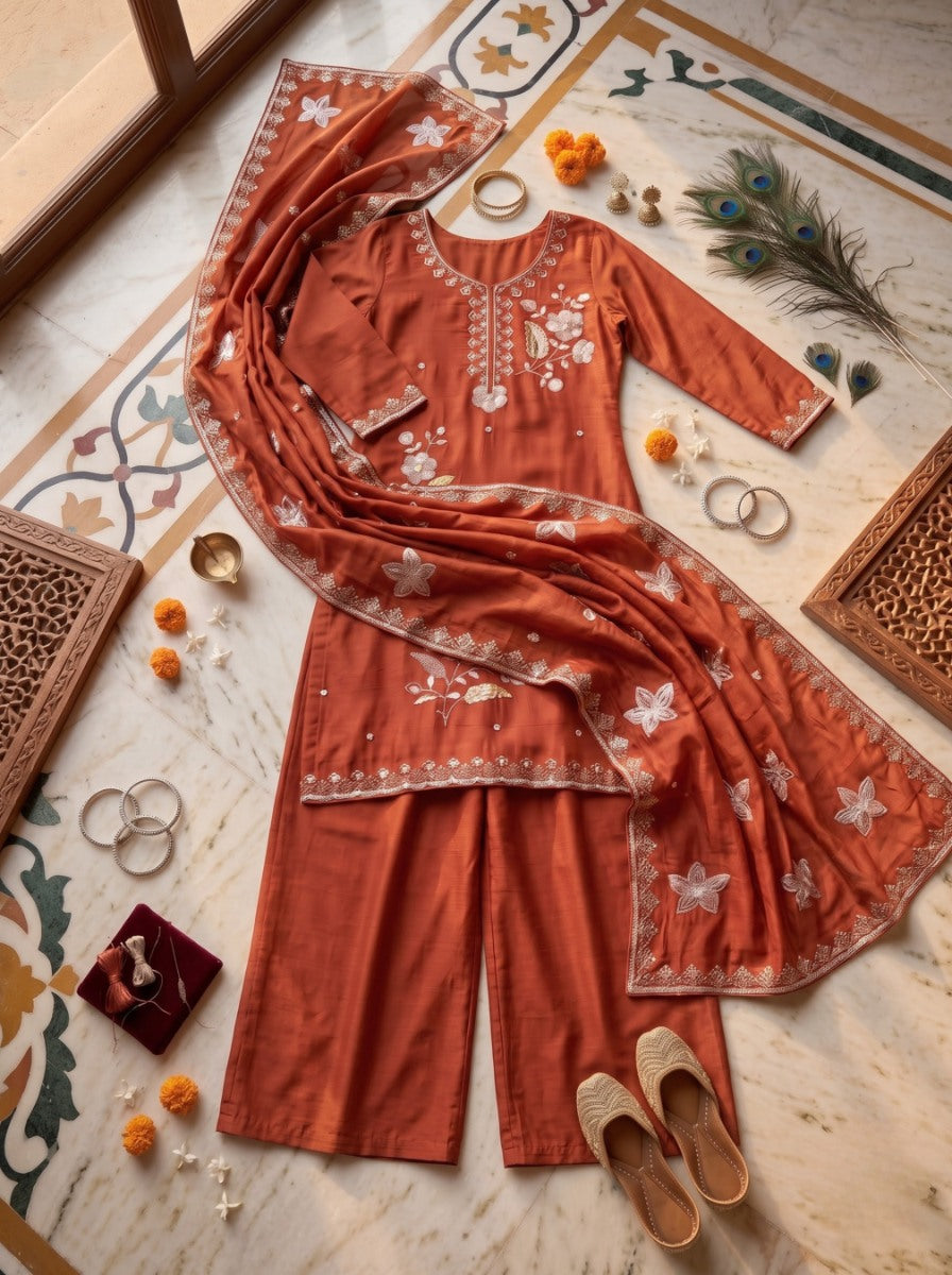 Pure Silk Kurta with Plazo & Dupatta | Woomenza Indian Outfit