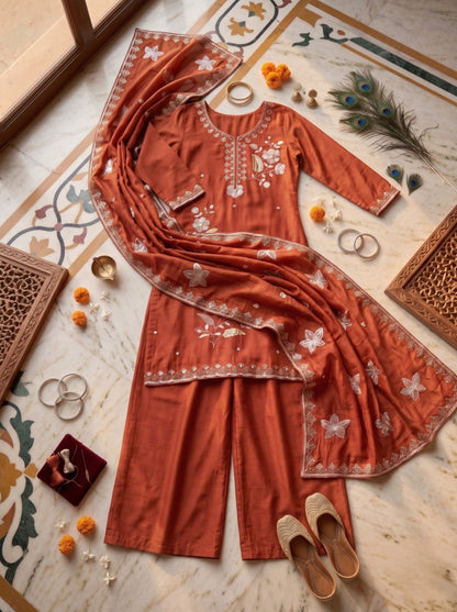 Pure Silk Kurta with Plazo & Dupatta | Woomenza Indian Outfit