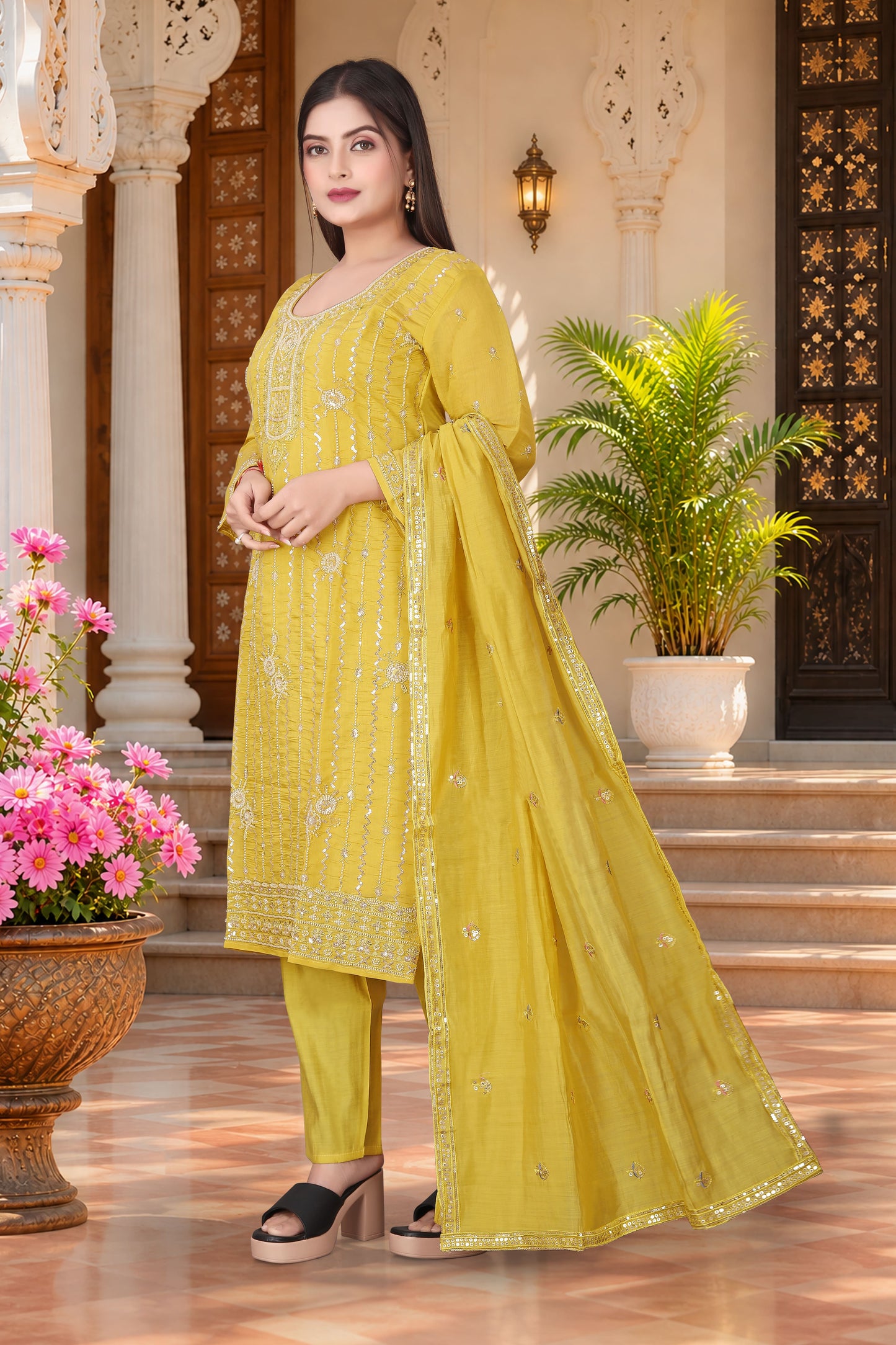 Pure Silk Kurta with Plazo & Dupatta | Woomenza Indian Outfit