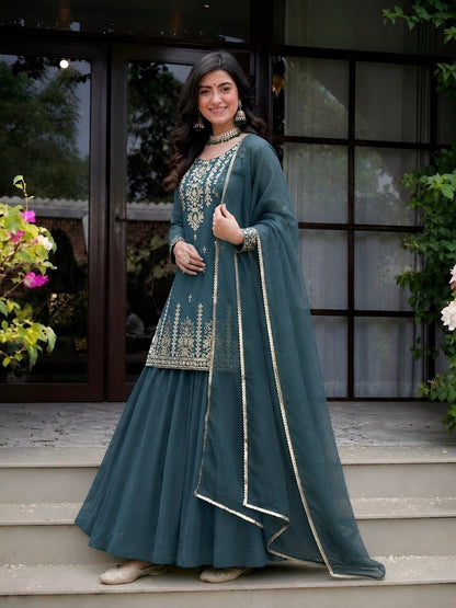 Elegant embroidered teal ethnic lehenga suit