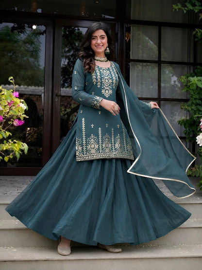 Elegant embroidered teal ethnic lehenga suit