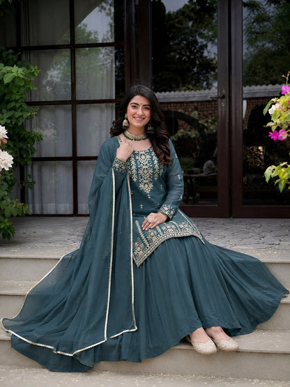 Elegant embroidered teal ethnic lehenga suit