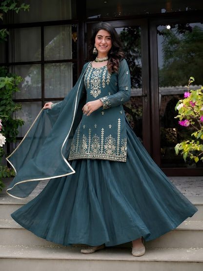 Elegant embroidered teal ethnic lehenga suit