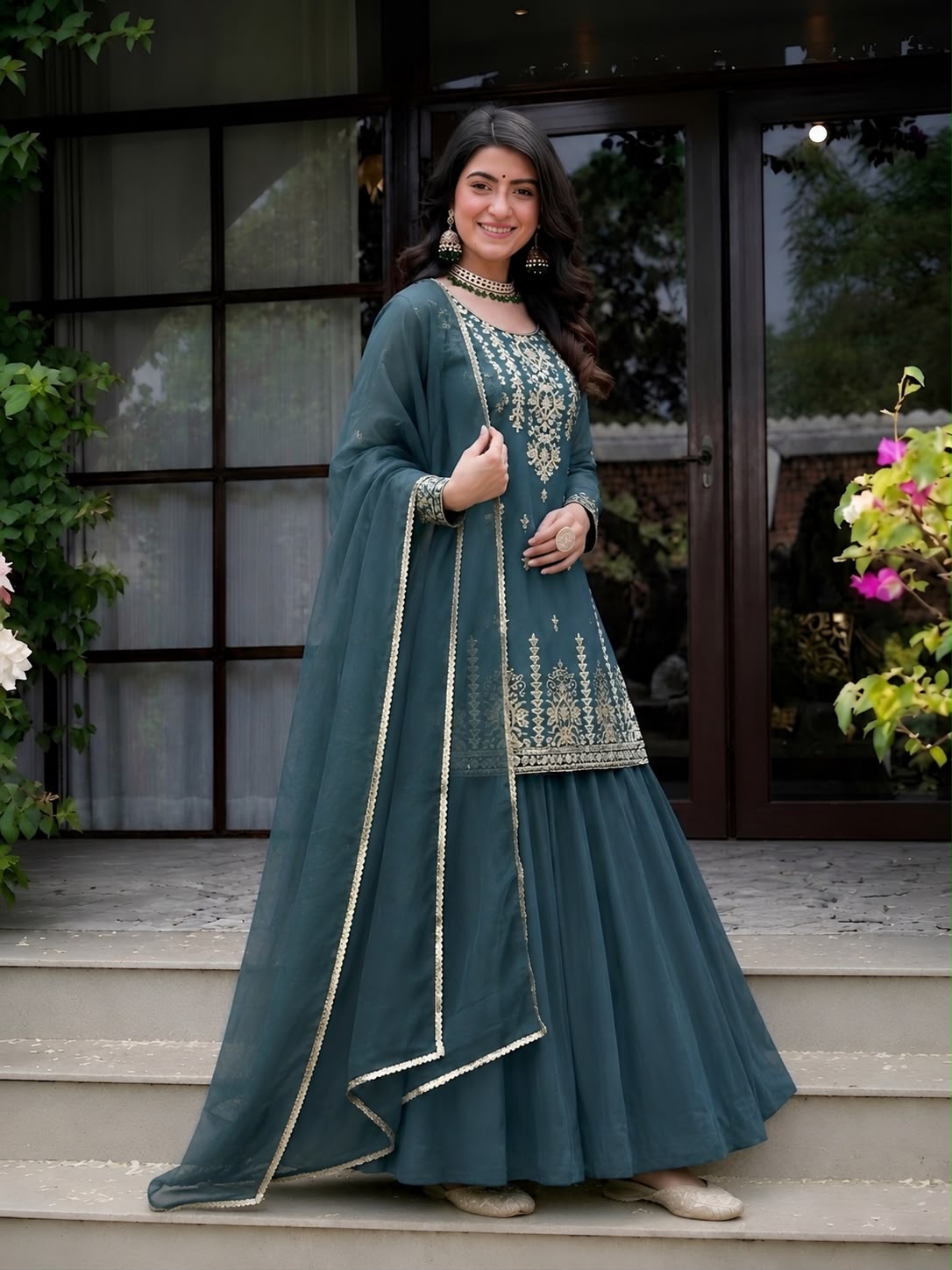 Elegant embroidered teal ethnic lehenga suit