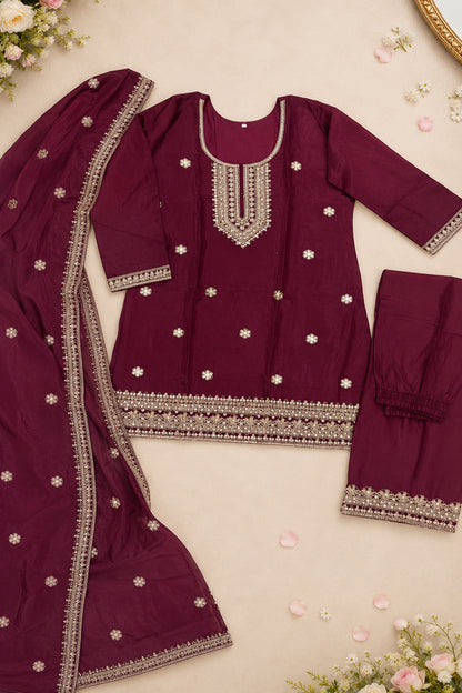 Pure Silk Kurta with Plazo & Dupatta | Woomenza Indian Outfit